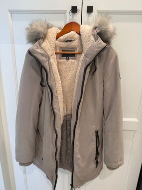 DKNY Taupe Puffer Parka with Cream Sherpa Lining